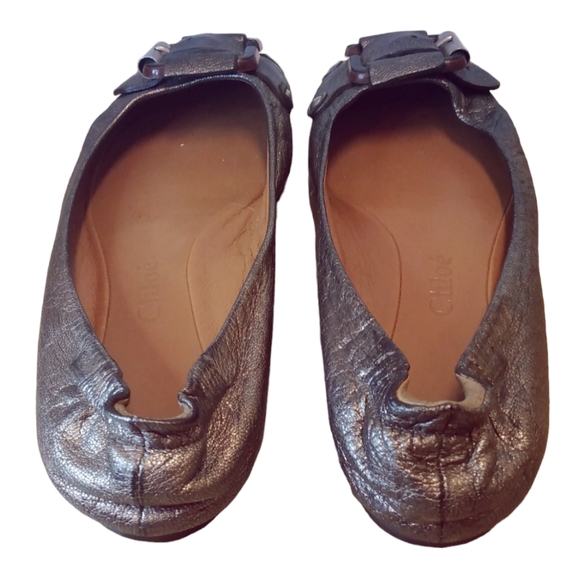 Chloe Leather Ballet Metallic Buckle-Detail Flats with Stud Accents Size 37.5 - Picture 2 of 7